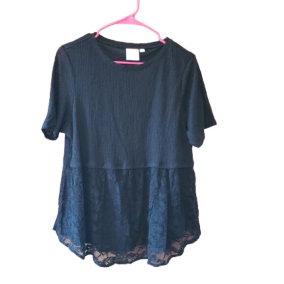 LC Lauren Conrad Black Knit & Lace Short Sleeve Top Pull Over Size XXL PRETTY! - Picture 1 of 6